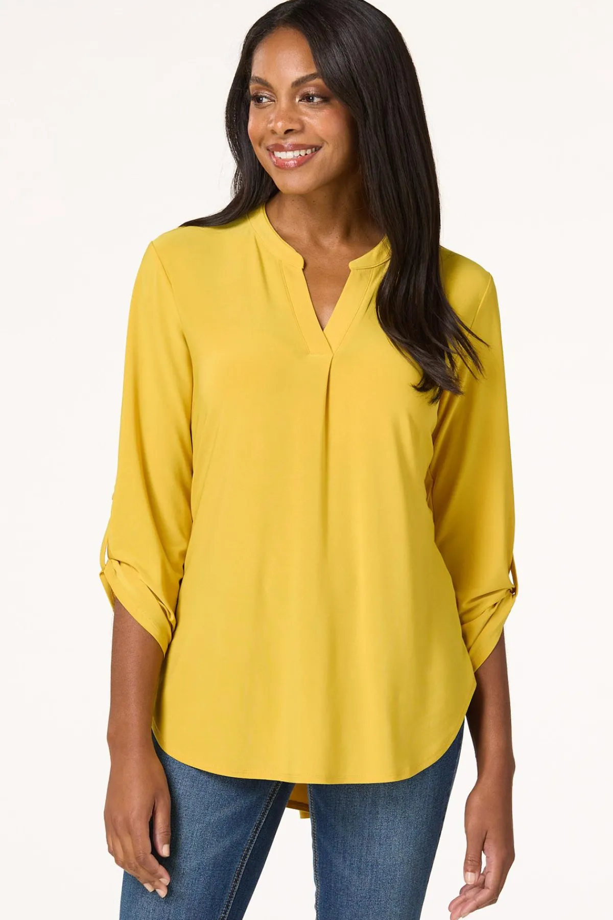 Cato Solid Split V- Neck Top> Tops
