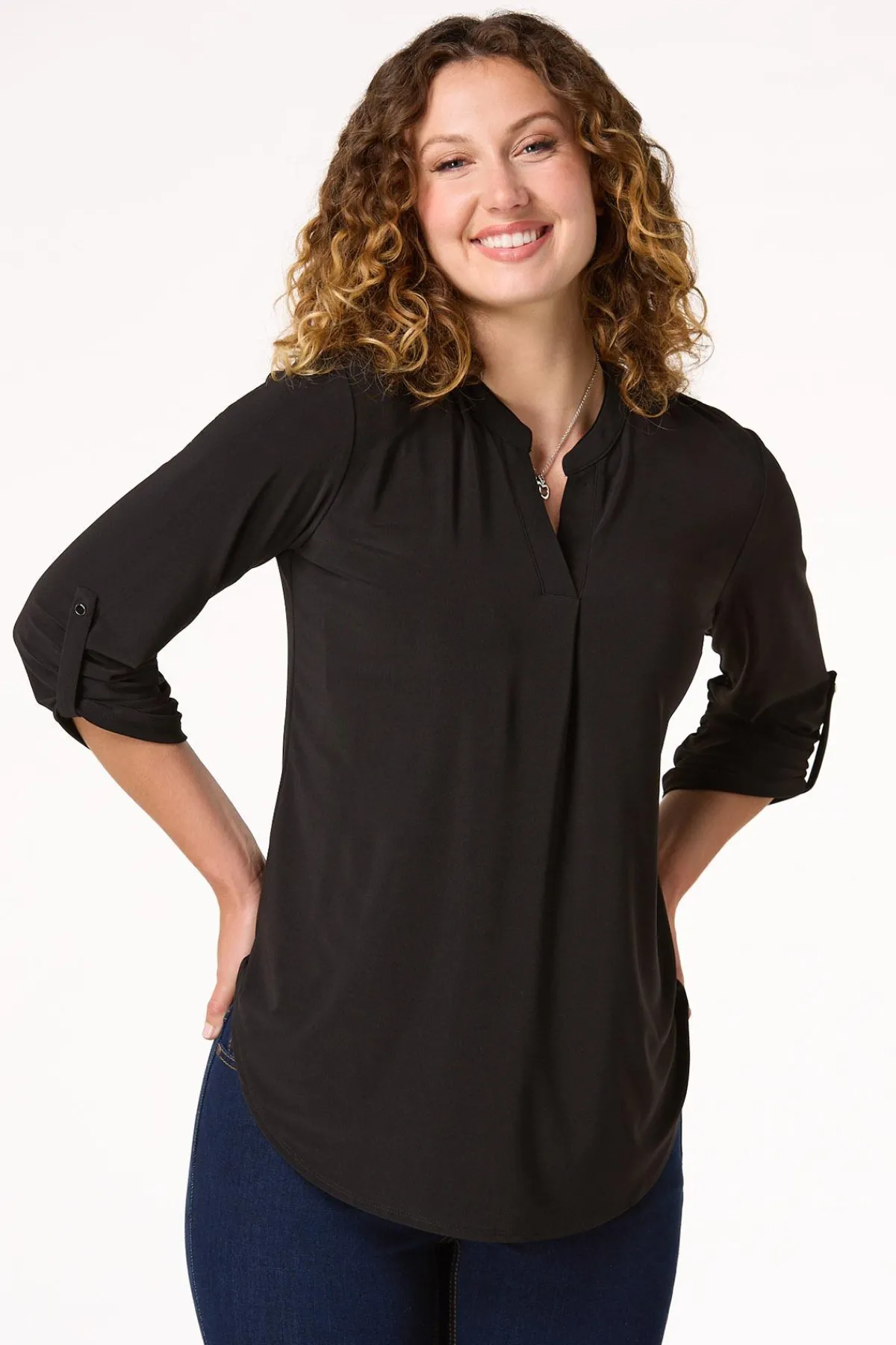 Cato Solid Split V- Neck Top> Tops