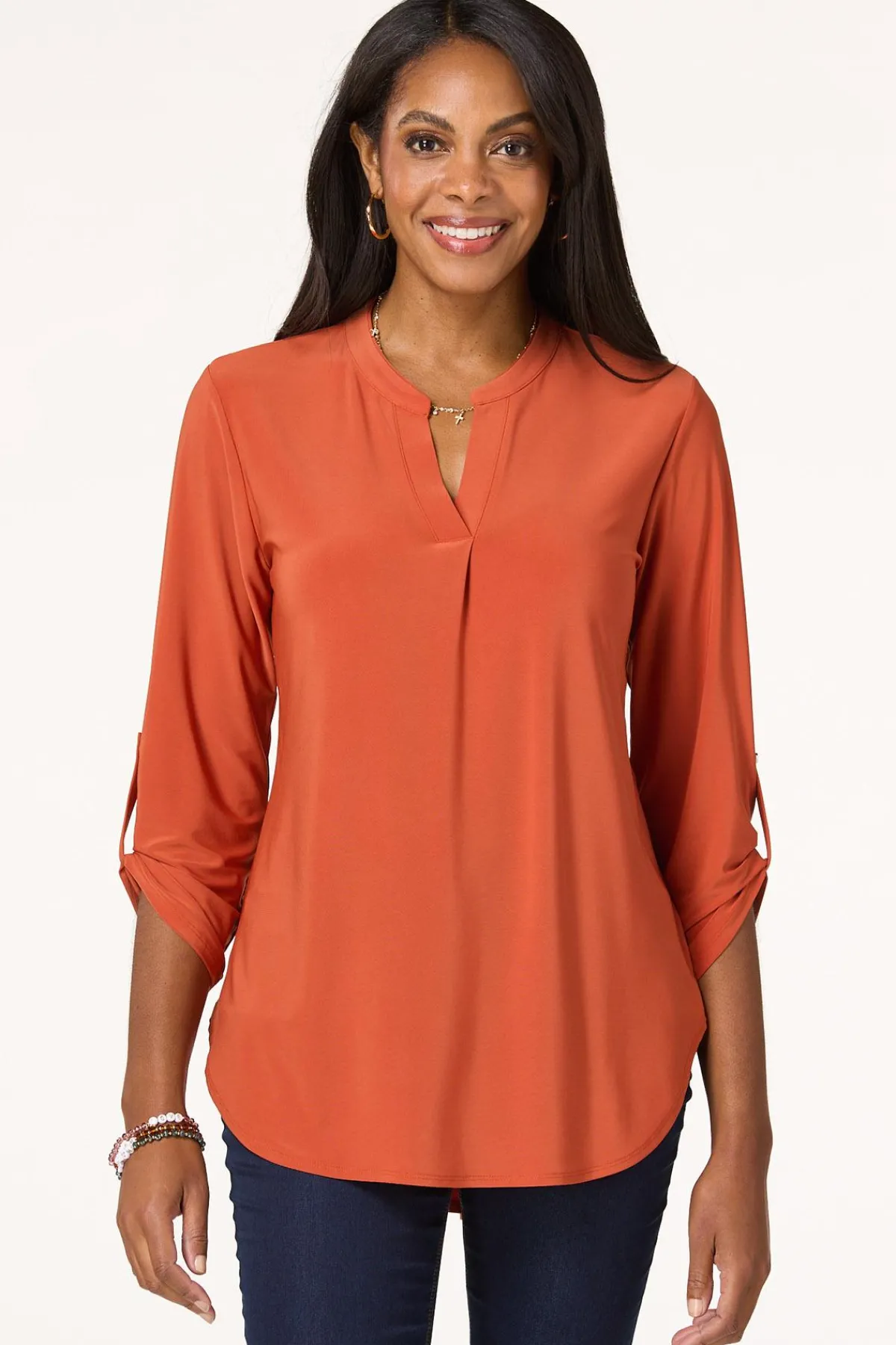 Cato Solid Split V- Neck Top> Tops