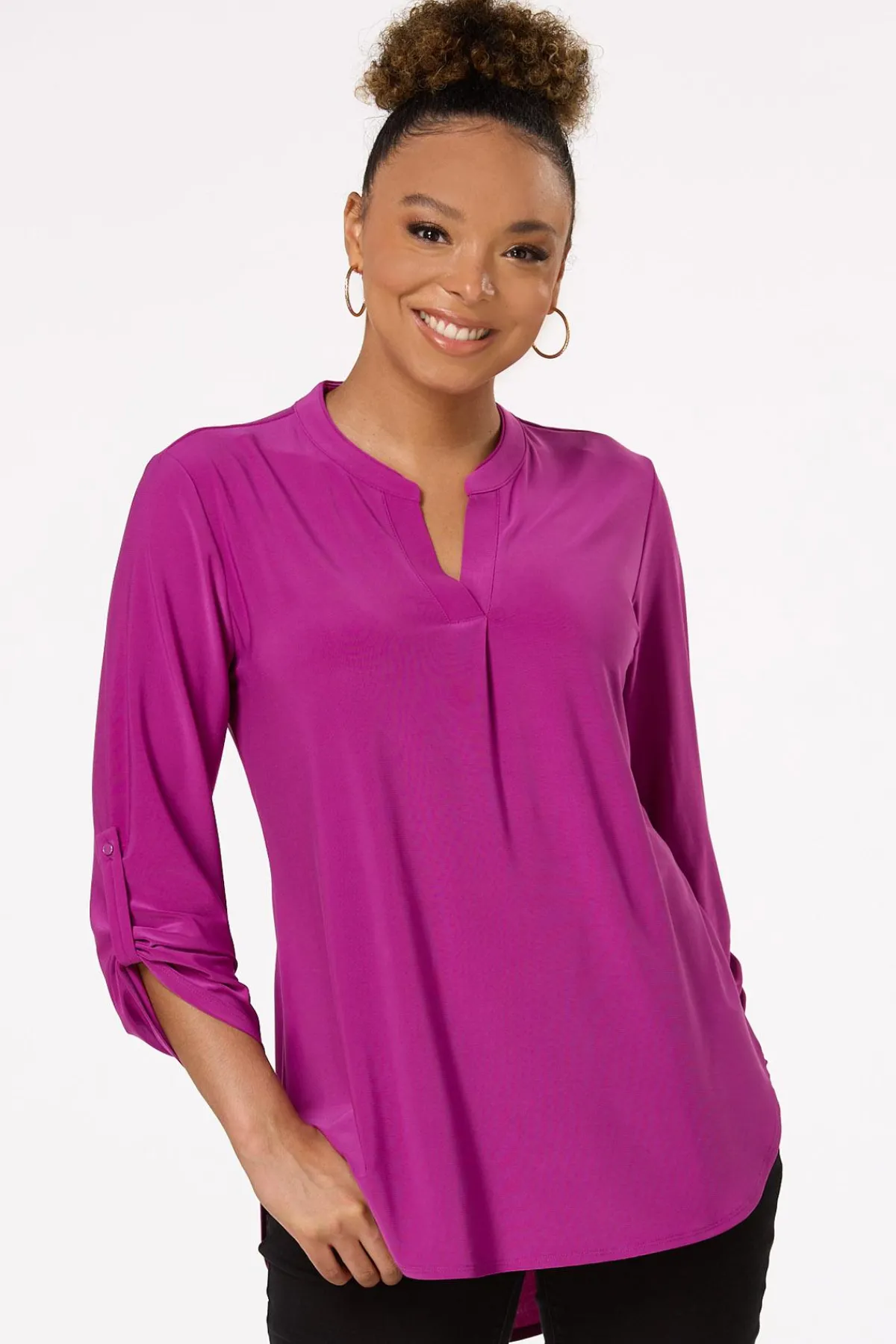 Cato Solid Split V- Neck Top> Tops