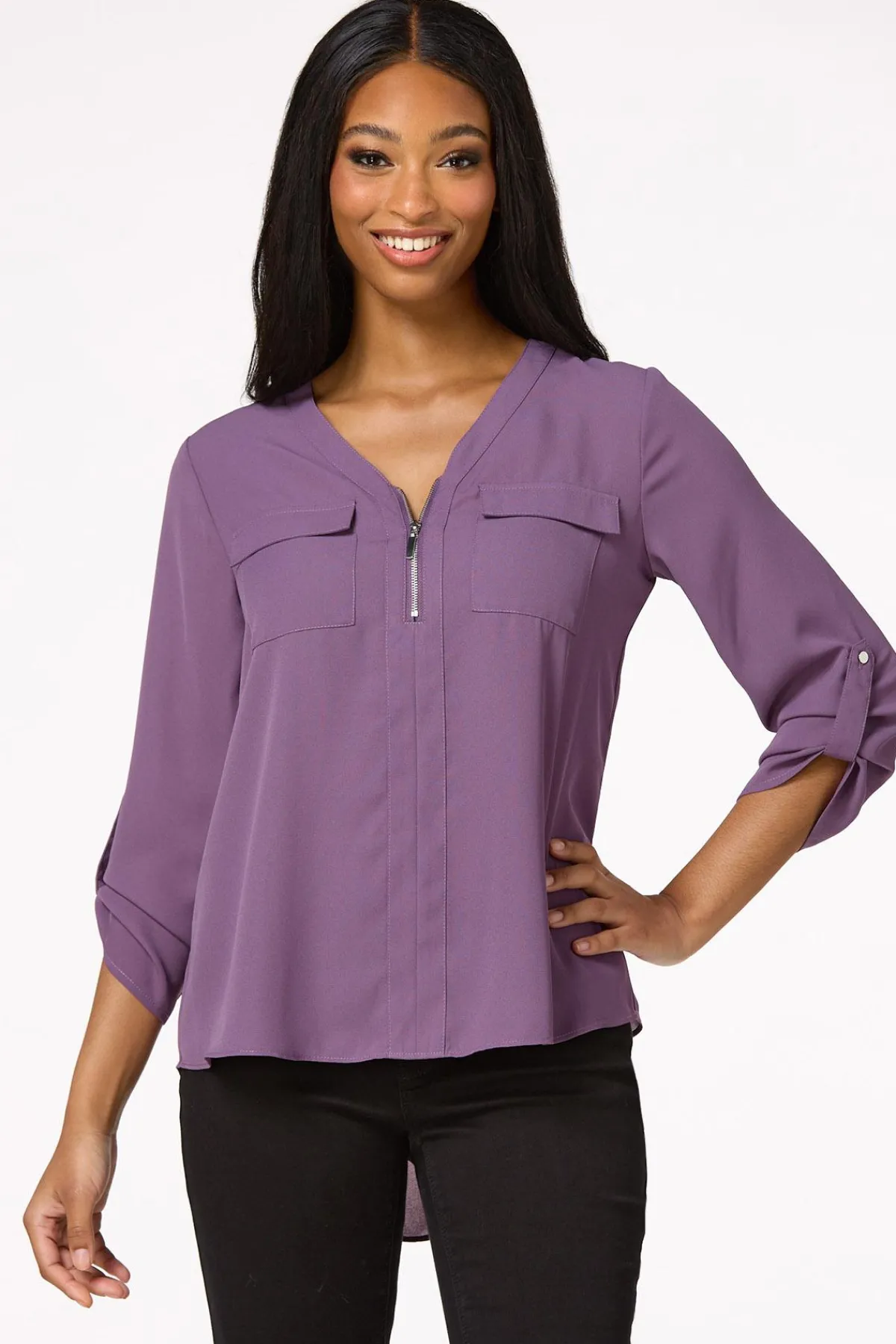Cato Solid Zip Neckline Top> Tops