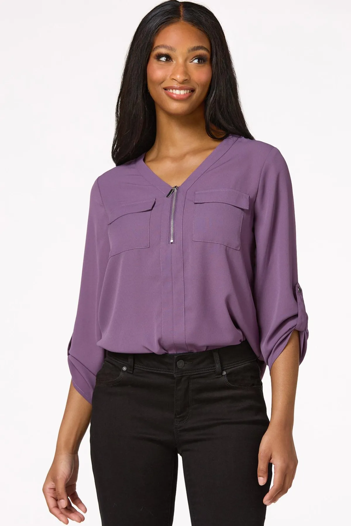 Cato Solid Zip Neckline Top> Tops