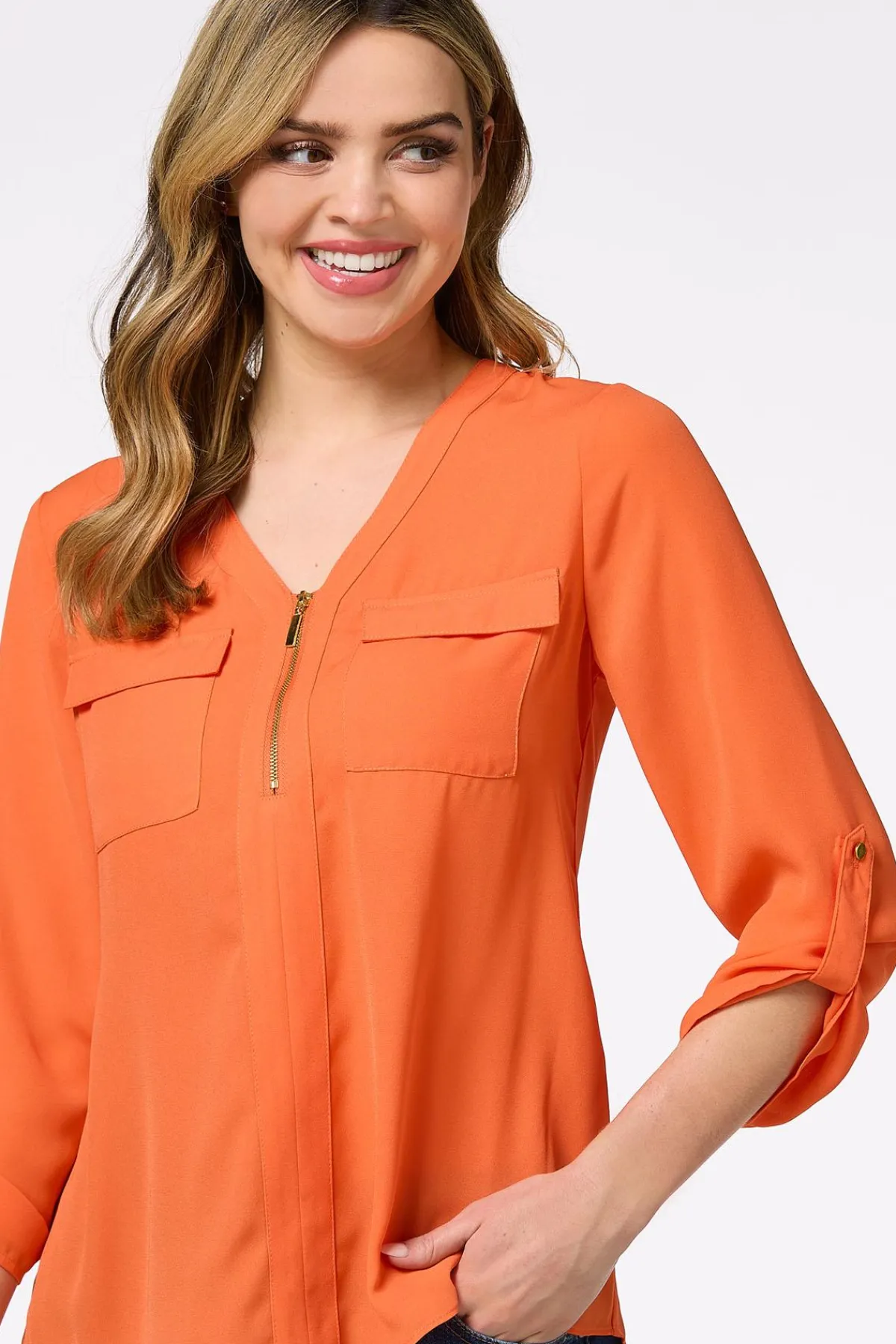 Cato Solid Zip Neckline Top> Tops