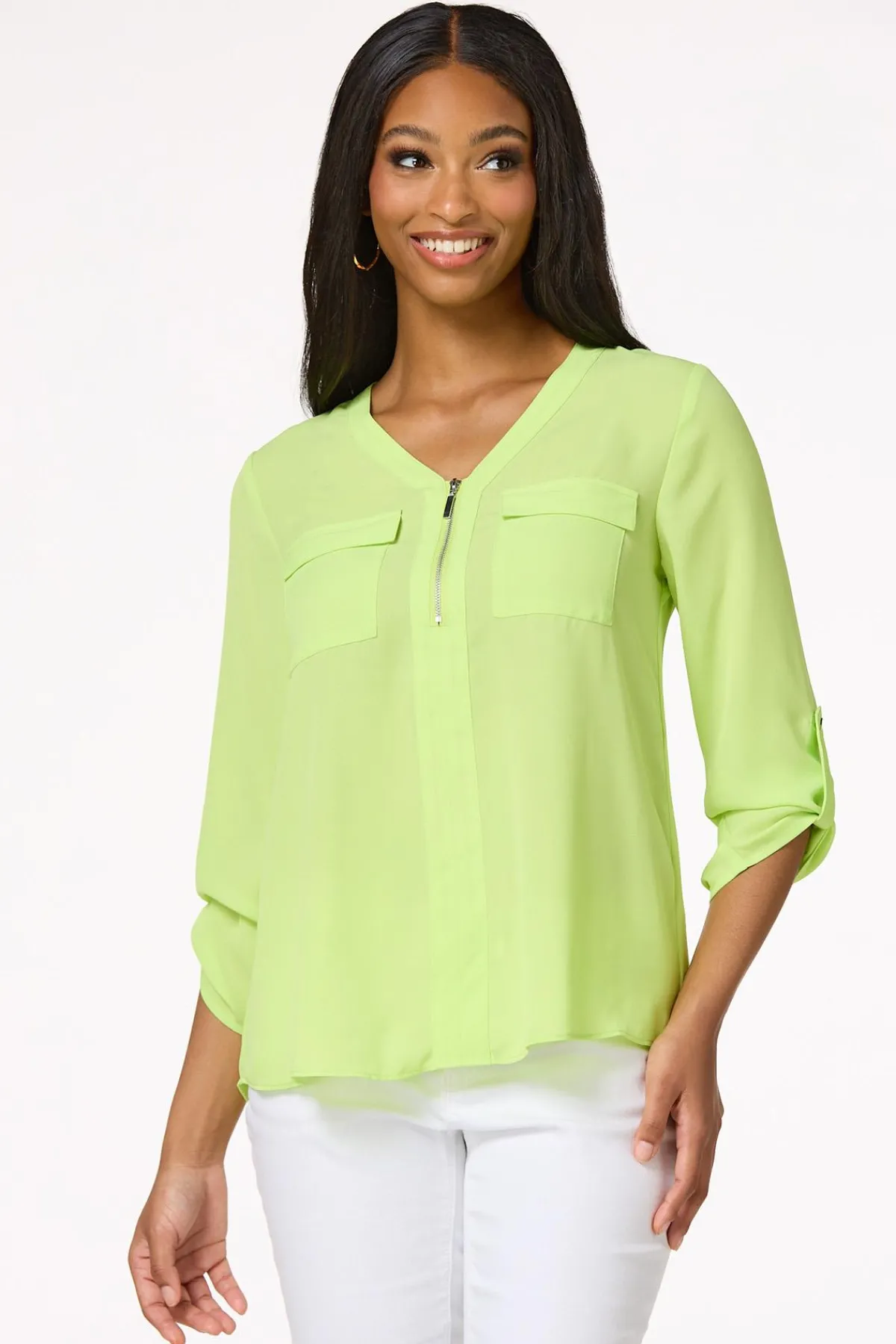 Cato Solid Zip Neckline Top> Tops