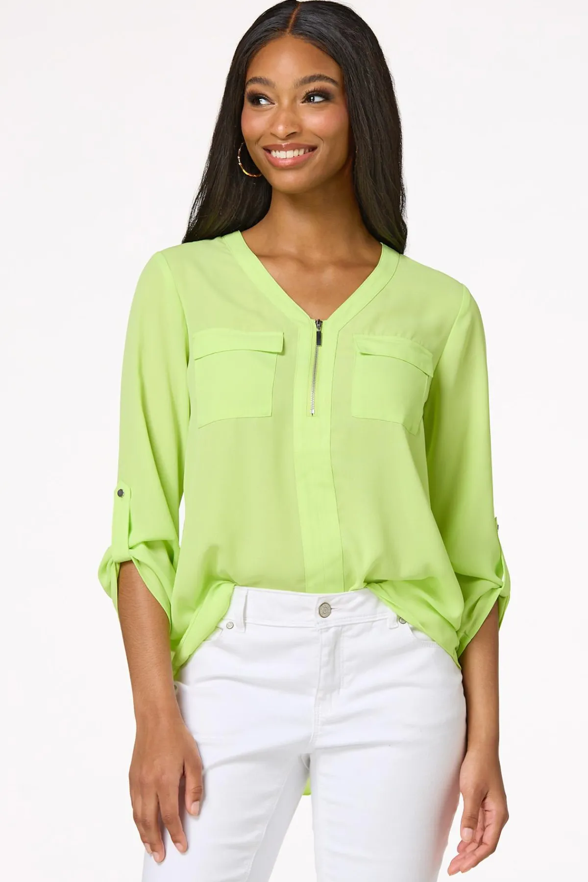 Cato Solid Zip Neckline Top> Tops