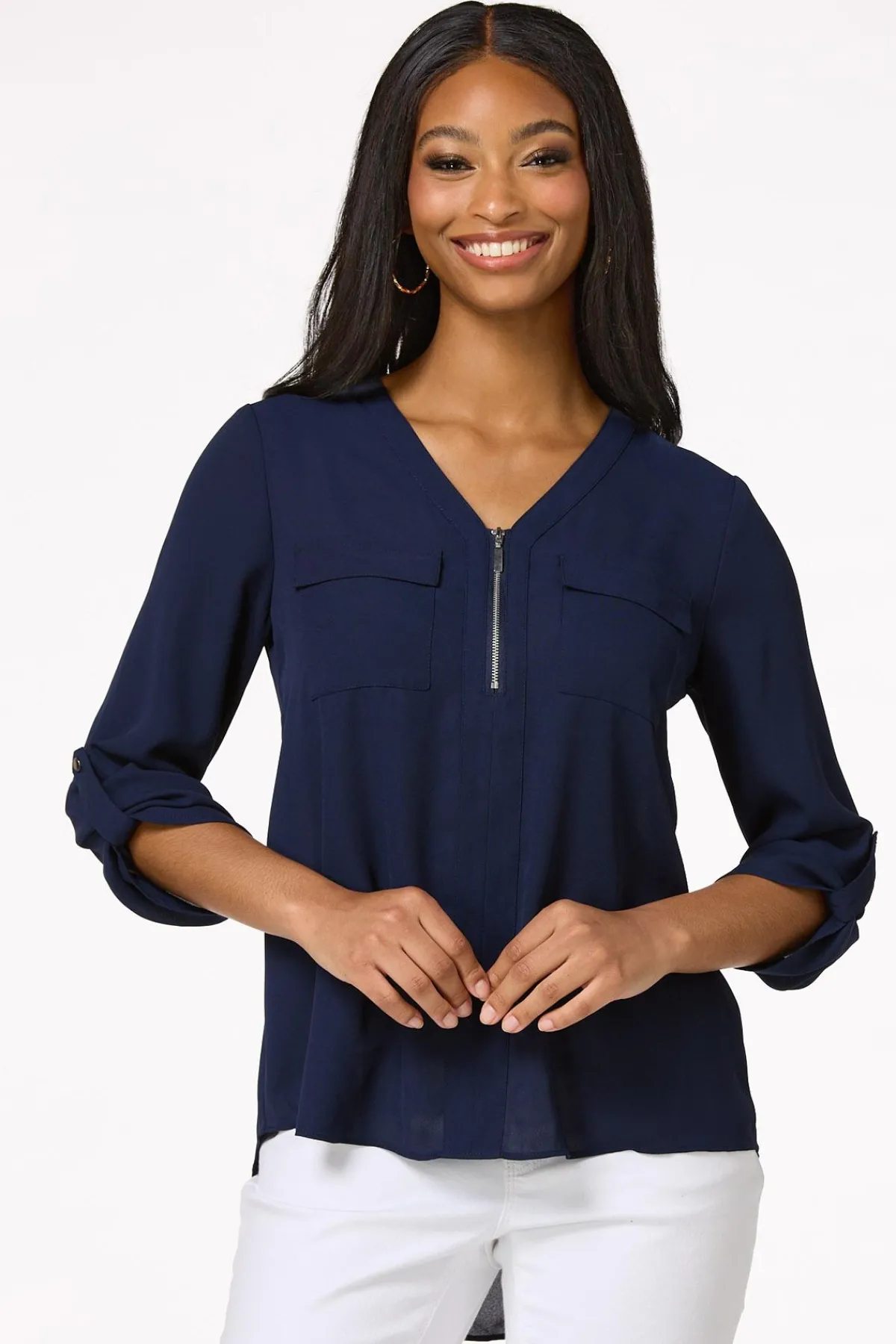 Cato Solid Zip Neckline Top> Tops