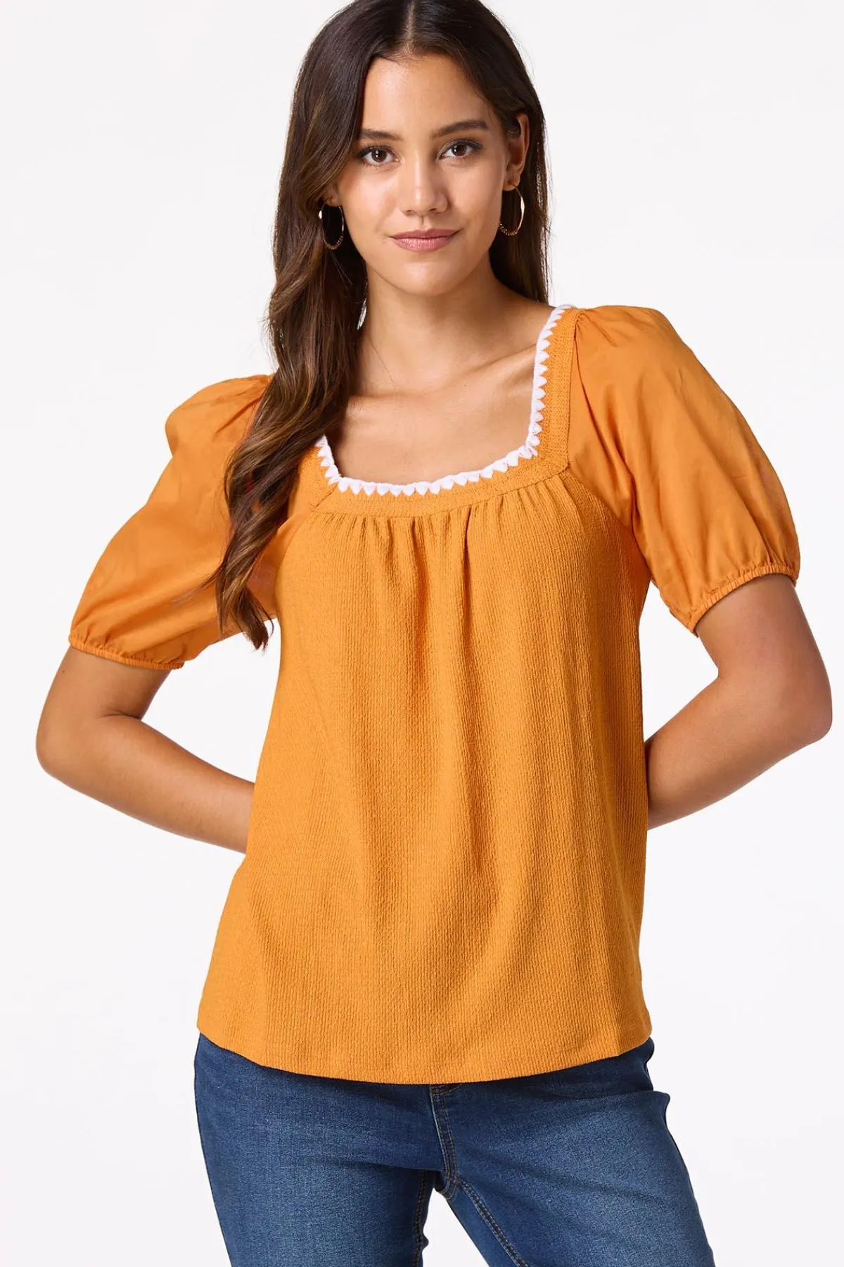 Cato Stitch Trim Puff Sleeve Top> Tops