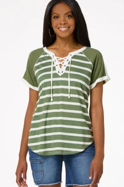 Cato Stripe Lace- Up Top> Tops