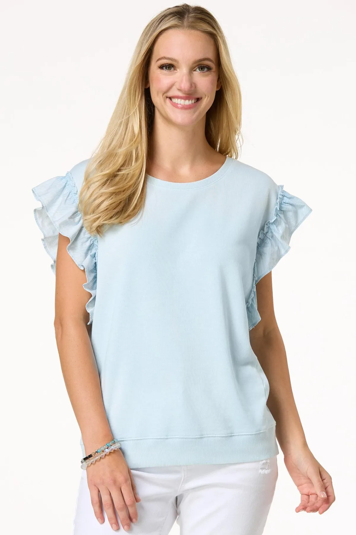 Cato Stripe Ruffle Trim Sweatshirt> Tops