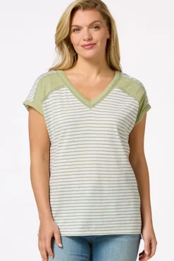 Cato Striped Lace Trim Top> Tops