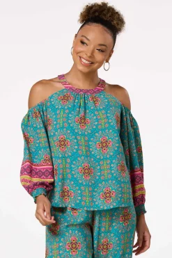 Cato Teal Floral Cold Shoulder Top> Tops