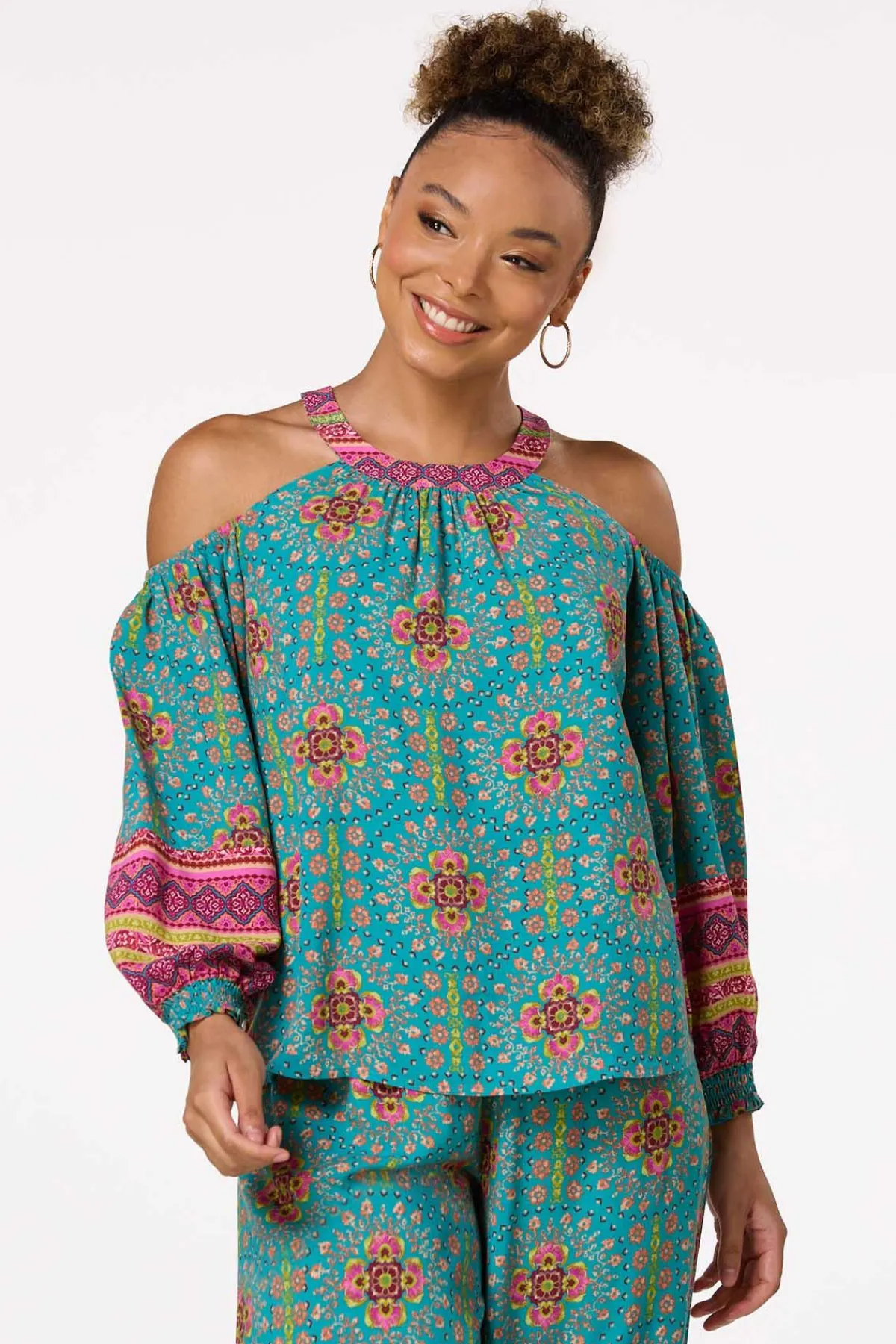 Cato Teal Floral Cold Shoulder Top> Tops