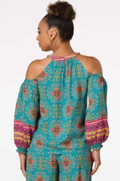 Cato Teal Floral Cold Shoulder Top> Tops