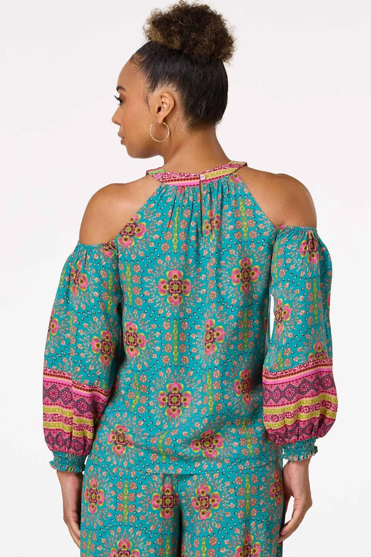 Cato Teal Floral Cold Shoulder Top> Tops