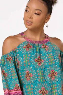 Cato Teal Floral Cold Shoulder Top><noscript><img width=