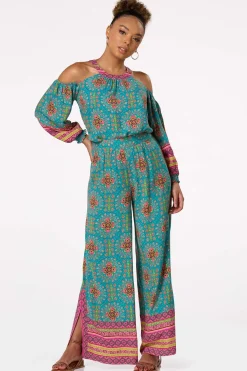 Cato Teal Floral Cold Shoulder Top><noscript><img width=