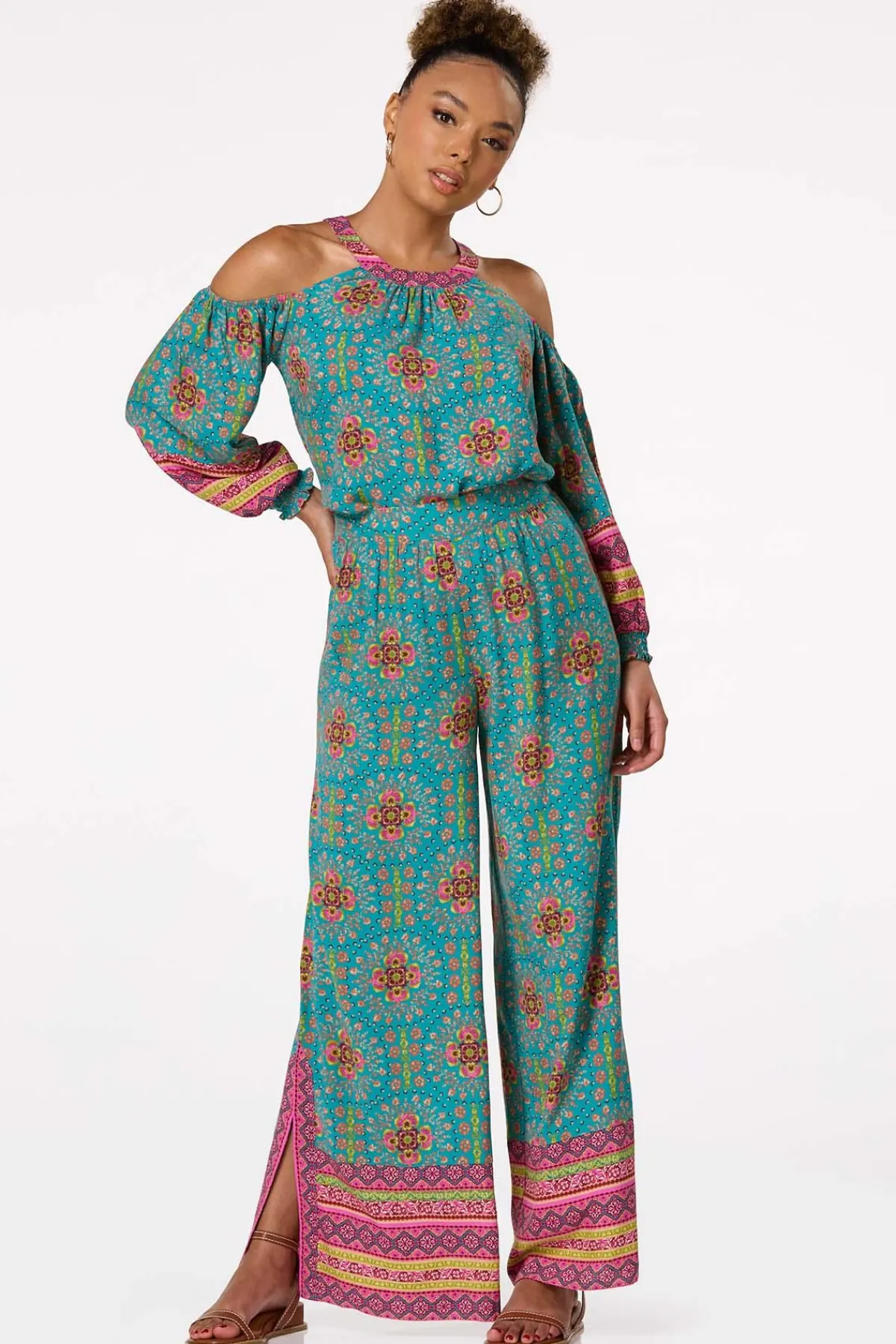 Cato Teal Floral Cold Shoulder Top> Tops