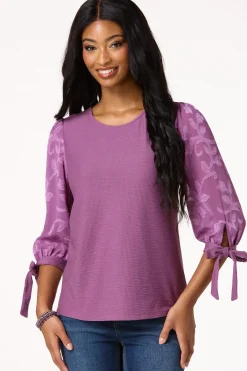 Cato Textured Floral Tie Sleeve Top> Tops