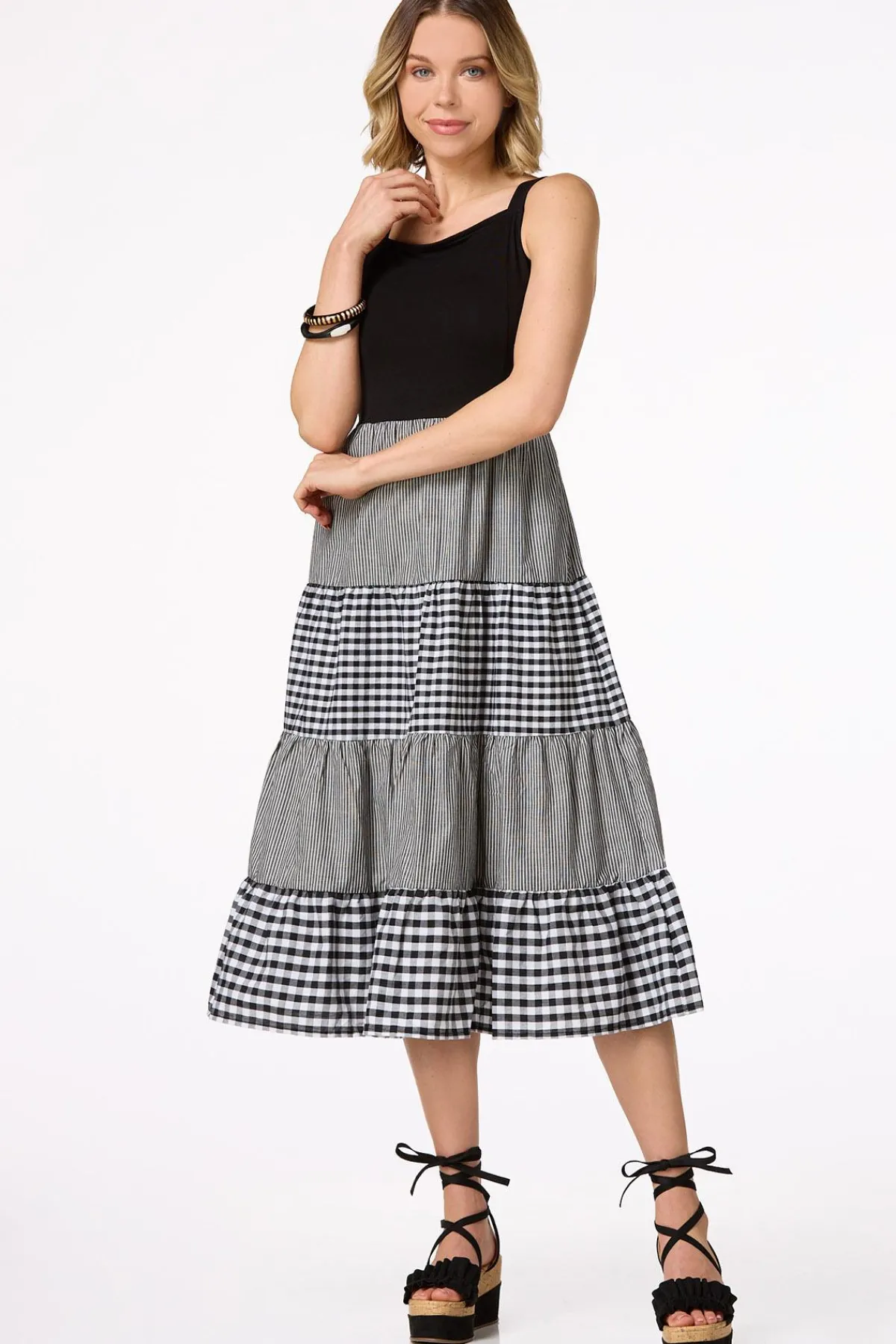 Cato Tiered Gingham Stripe Dress> Dresses