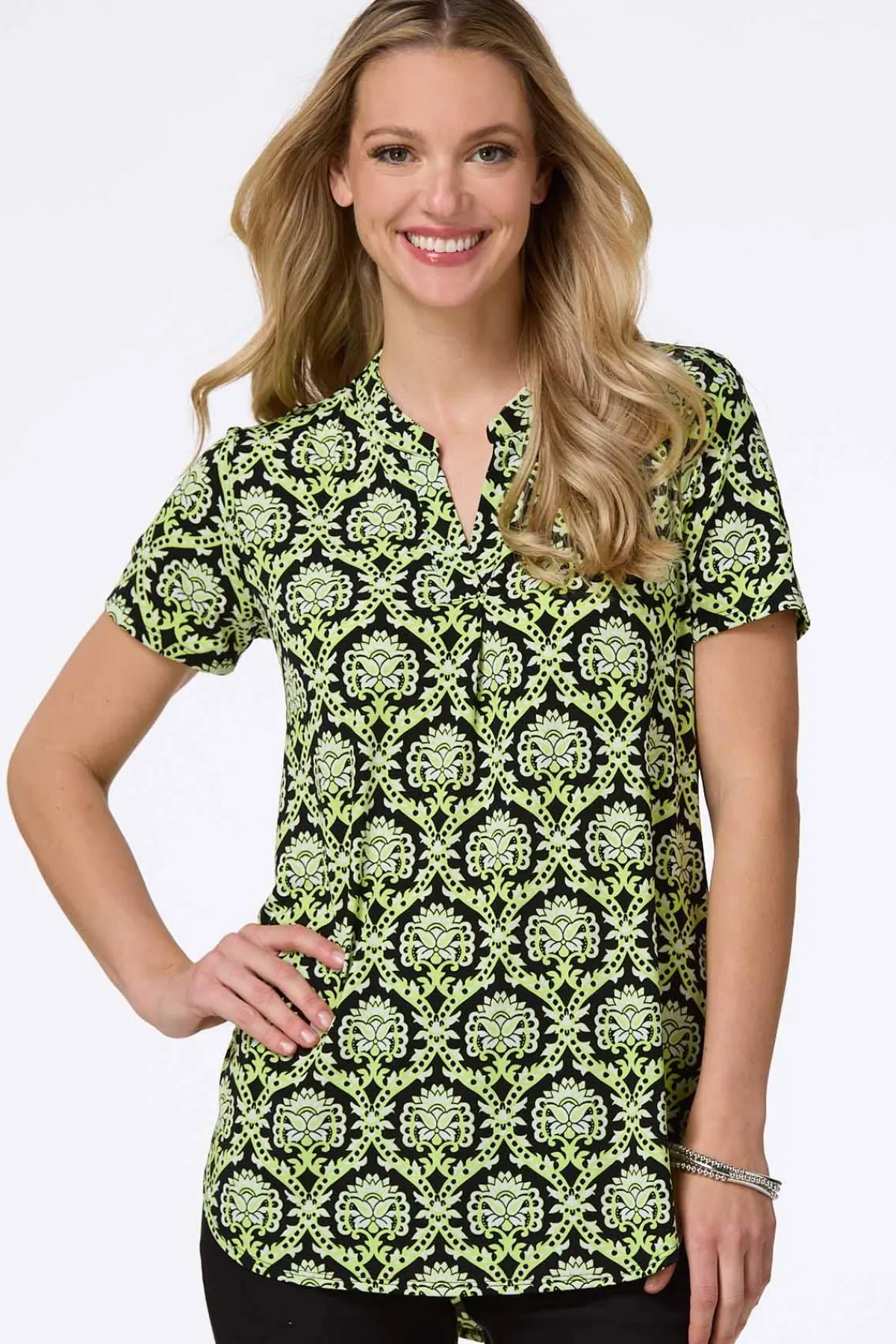 Cato Tropical Lime Medallion Top> Tops