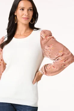 Cato Velvety Floral Sleeve Sweater><noscript><img width=