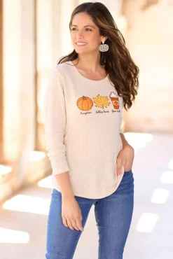 Cato Waffled Pumpkin Leaves Latte Top> Tops
