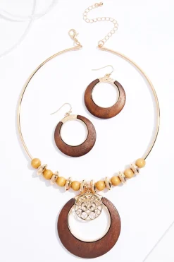 Cato Wood Circle Gold Pendant Necklace Set> Sets|Necklaces