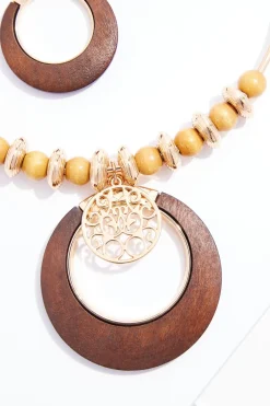 Cato Wood Circle Gold Pendant Necklace Set><noscript><img width=