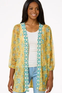 Cato Yellow Floral Mesh Kimono> Tops
