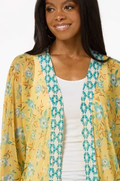 Cato Yellow Floral Mesh Kimono><noscript><img width=
